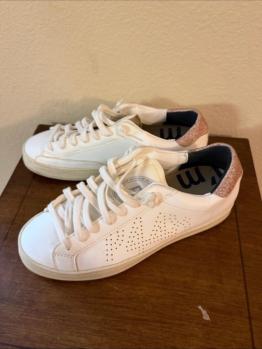 P448 White Leather Sneakers with Rose Gold Glitter Heel